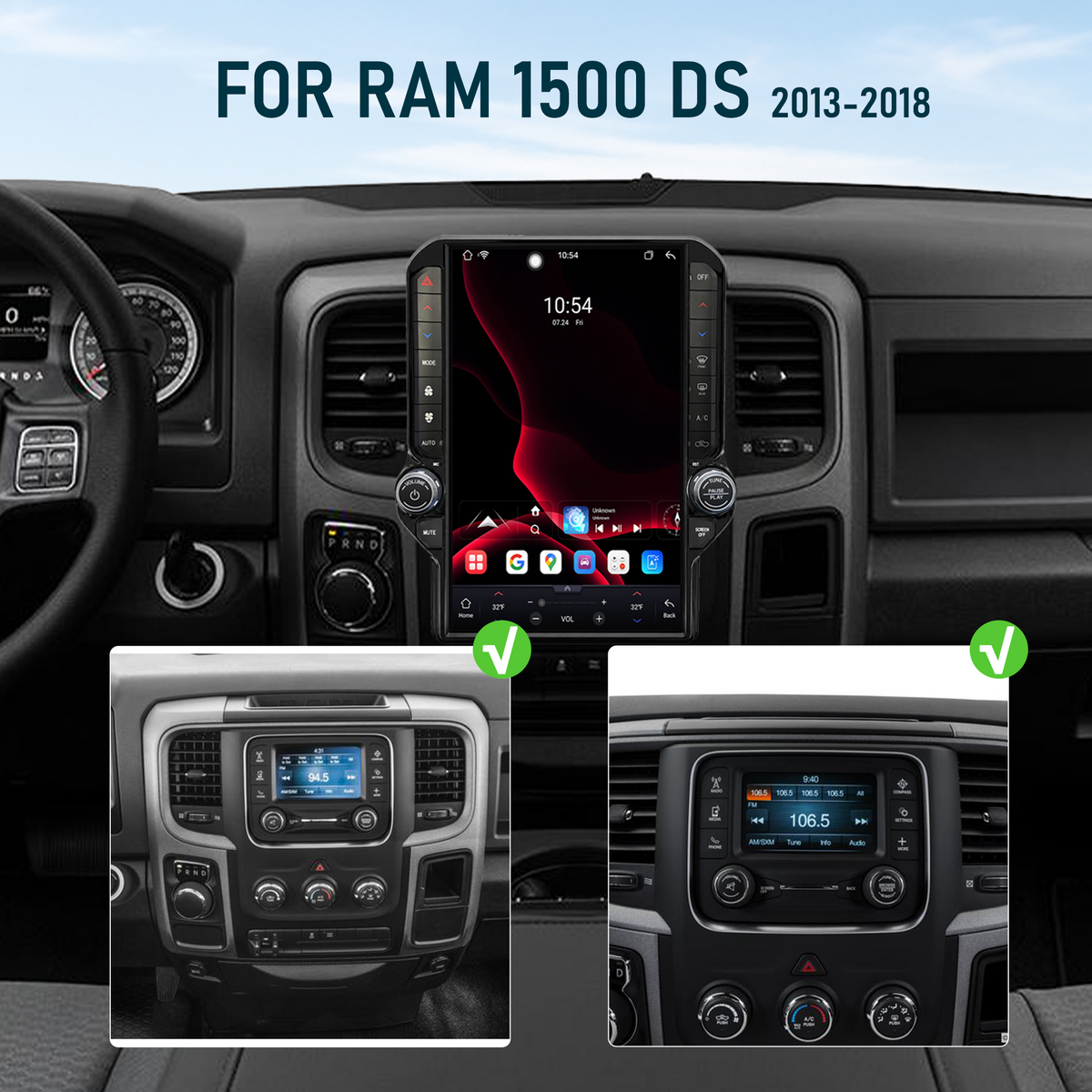 V7 Pro 13.1-inch Android 14 Infotainment Upgrade for RAM 1500 DS 2013-2018