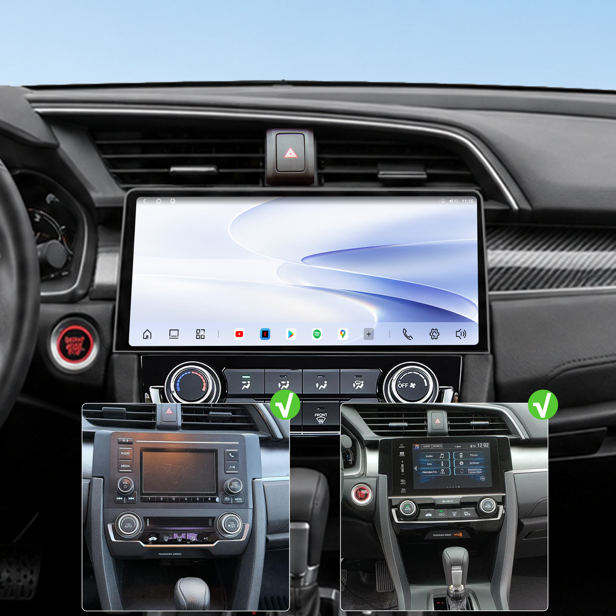 10.33-inch Android 14 Infotainment Upgrade for Honda Civic 2016-2021