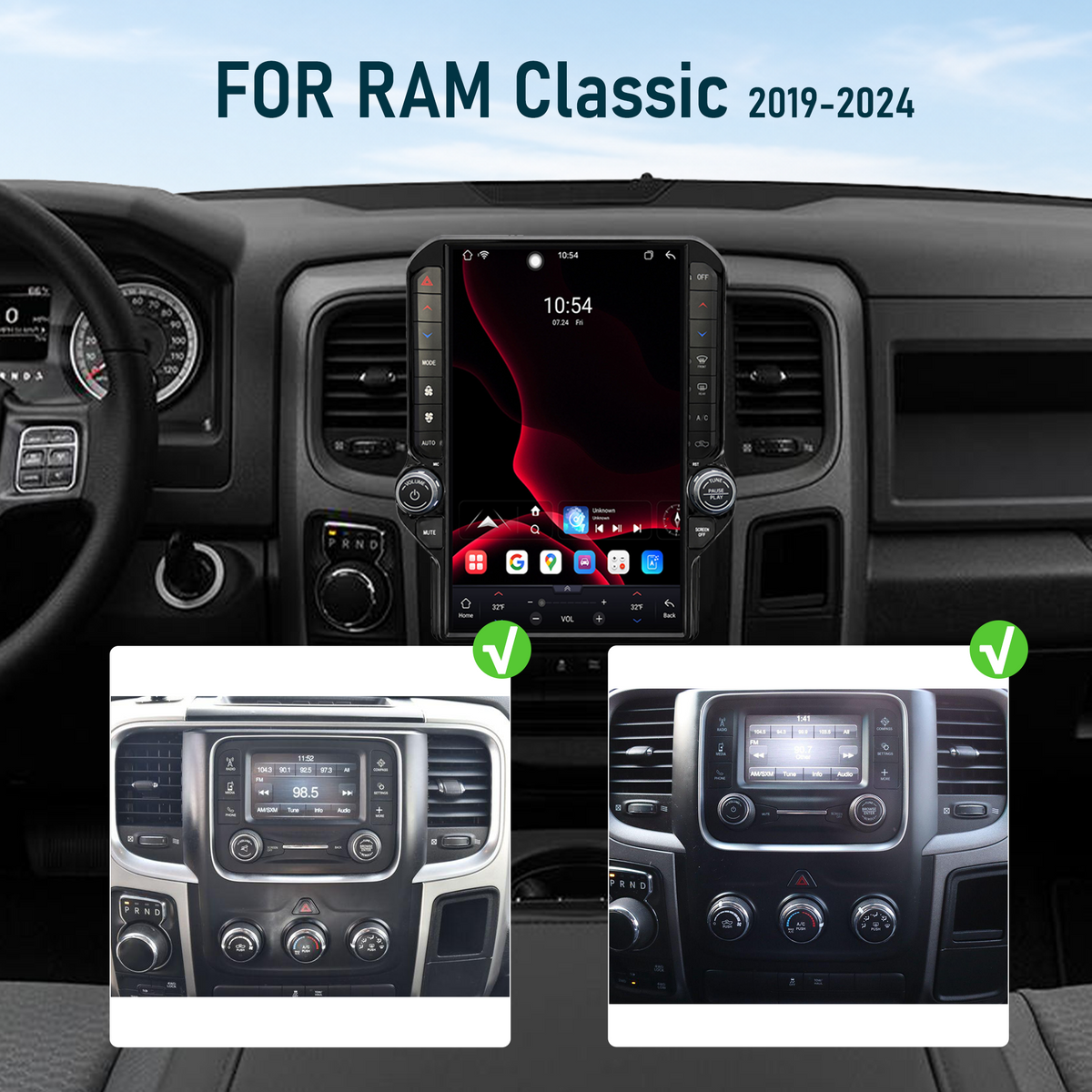 V7 Pro 13.1-inch Android 14 Infotainment Upgrade for RAM 1500 Classic 2019-2024