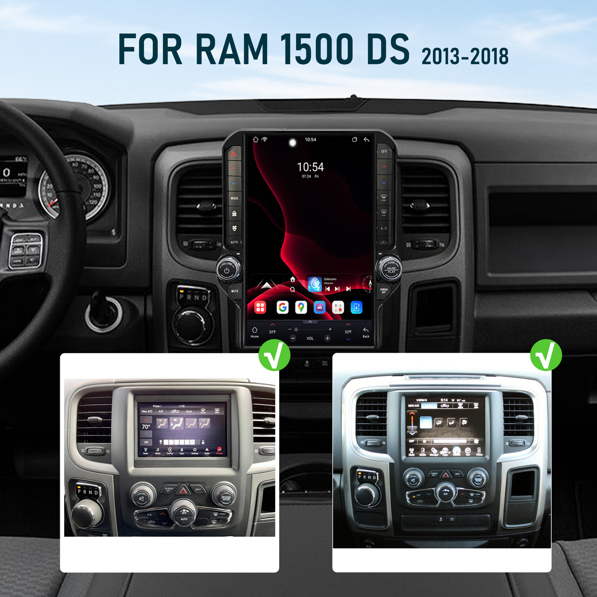 V7 Pro 13.1-inch Android 14 Infotainment Upgrade for RAM 1500 DS 2013-2018