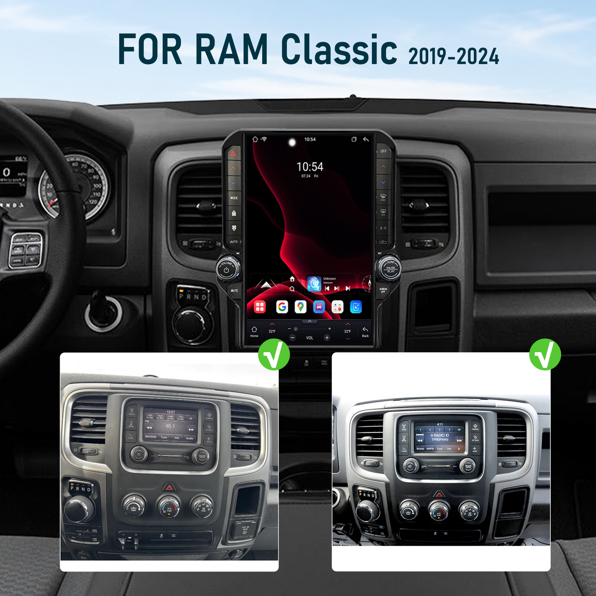 V7 Pro 13.1-inch Android 14 Infotainment Upgrade for RAM 1500 Classic 2019-2024