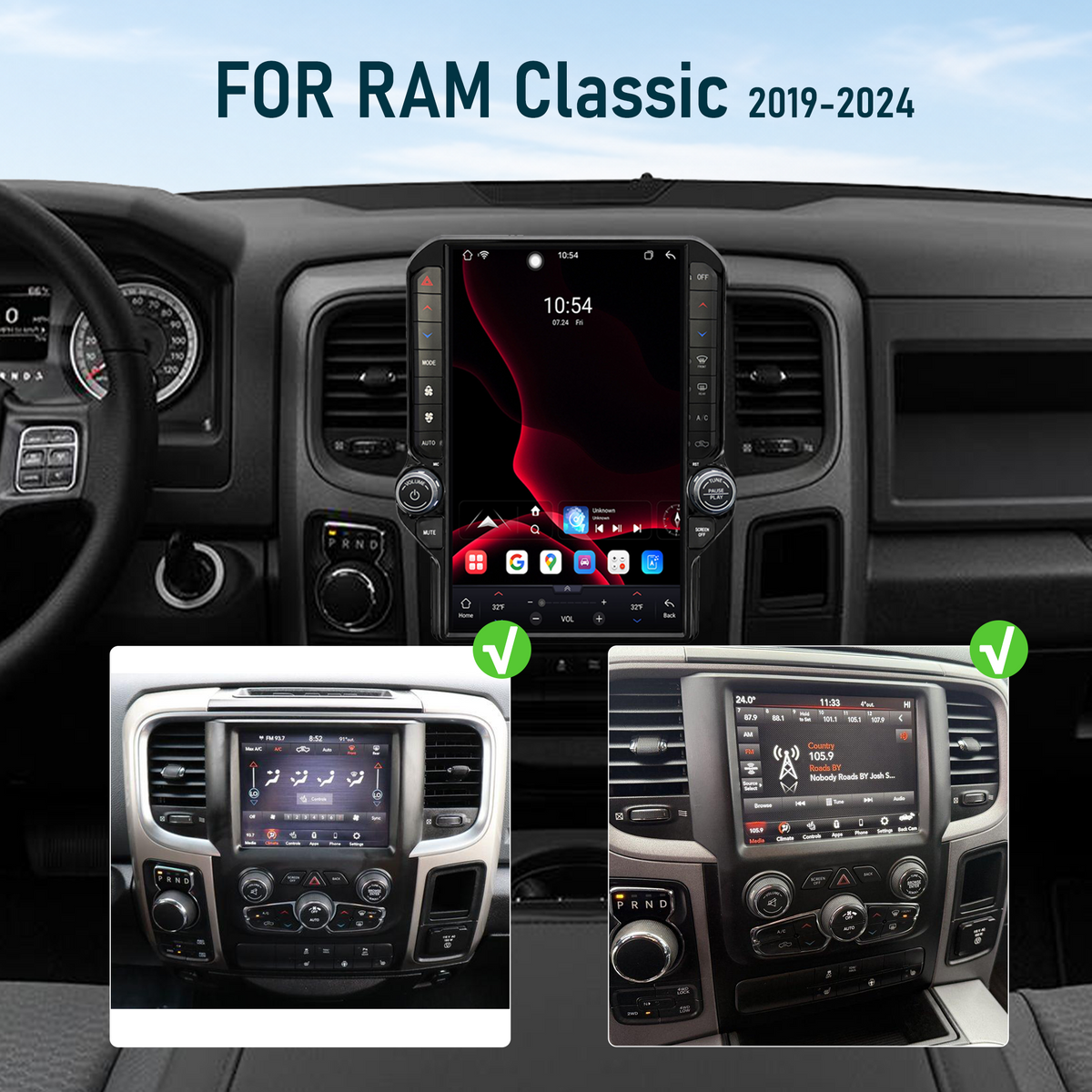 V7 Pro 13.1-inch Android 14 Infotainment Upgrade for RAM 1500 Classic 2019-2024